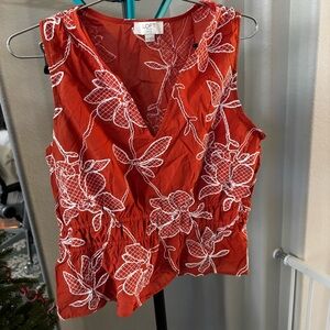 LOFT Orange and White Floral Sleeveless Blouse